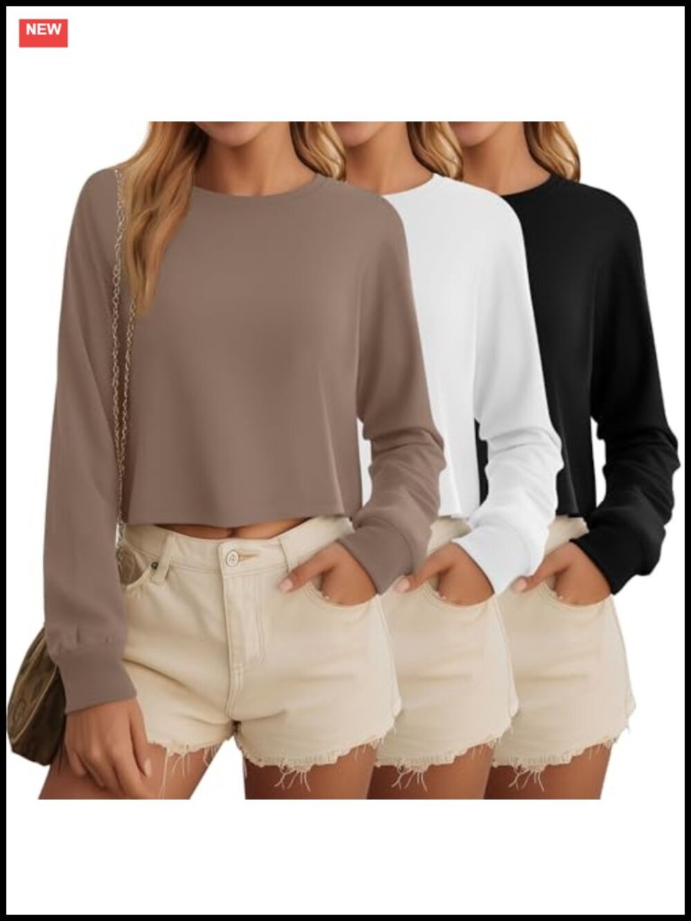 Ficerd 3 Pack Long Sleeve Cropped Tops for Women Cotton Spandex Crew Neck Drop